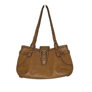 Brighton Womens Leather Braided Shoulder Handbag Camel Tan Silver Buckle Western